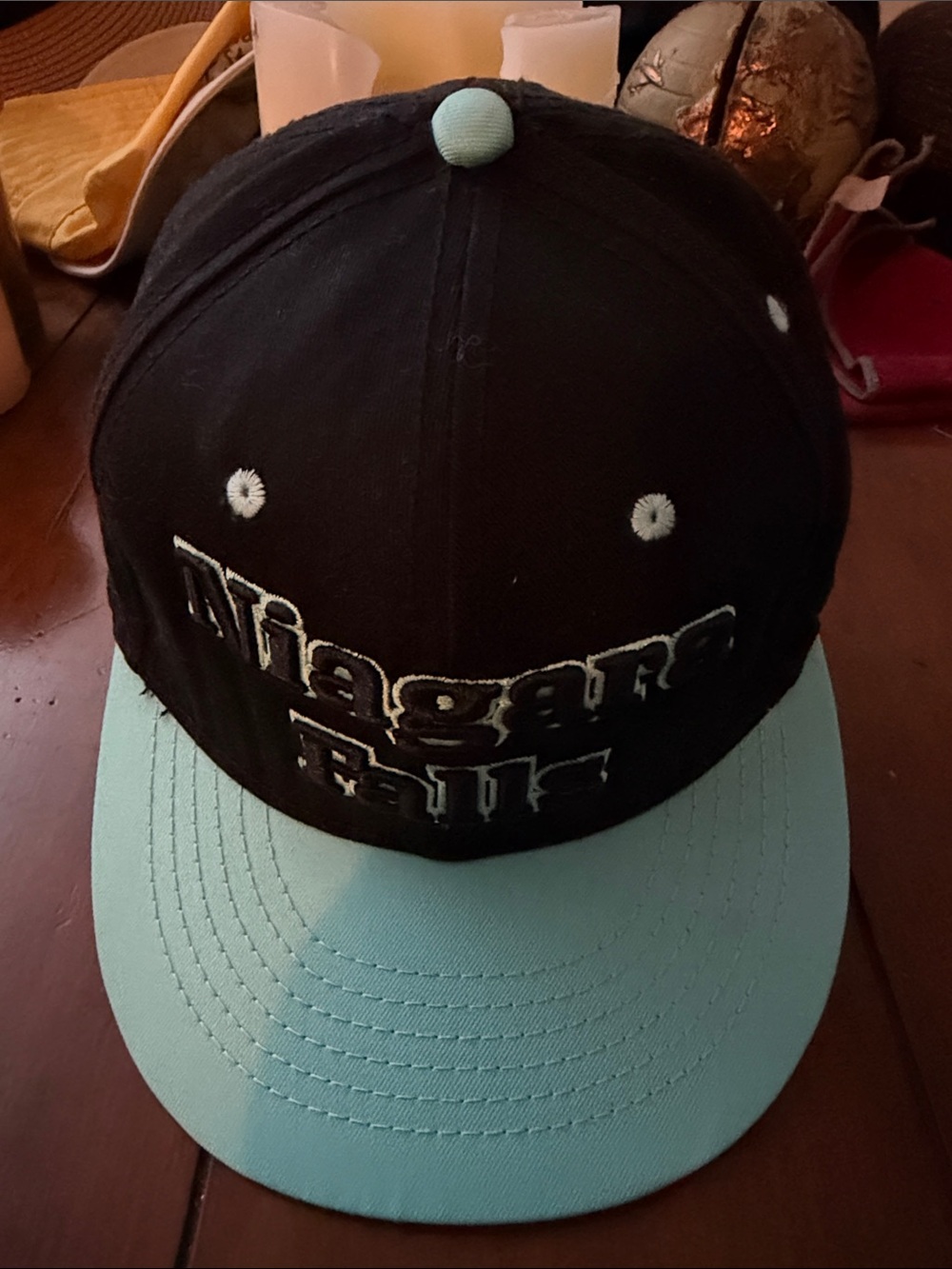 Niagara Falls Embroidered Snapback Hat in Black & Light Blue